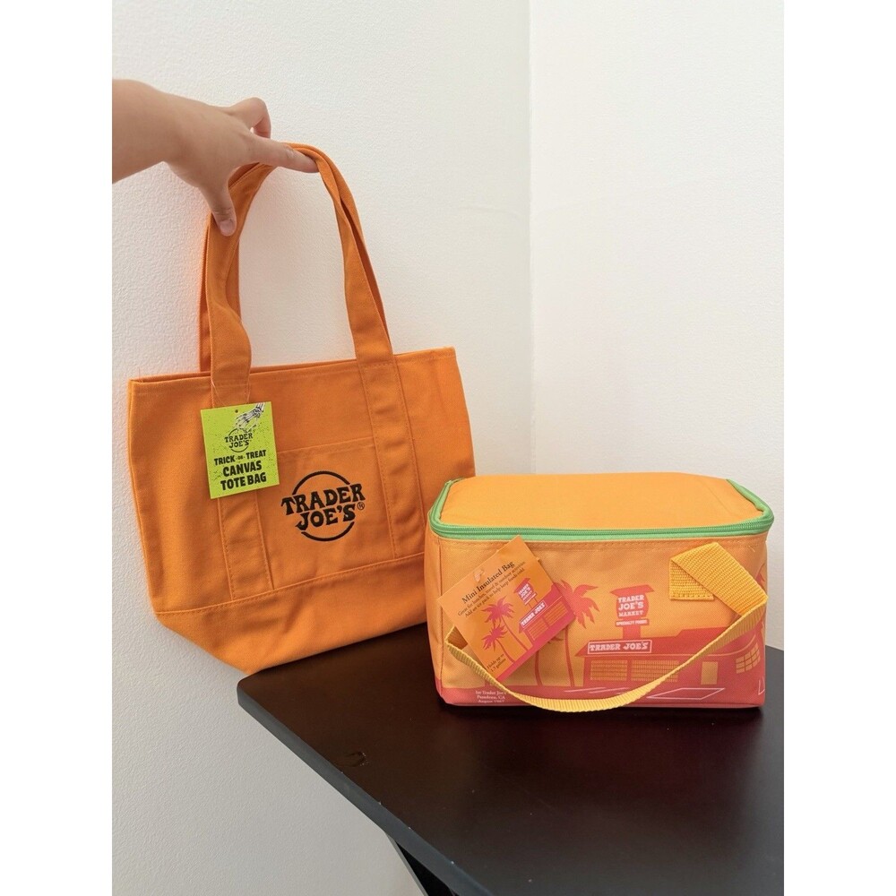 Trader Joe's Orange Bundle Of 2 Bags Canvas Tote & Mini Insulated Cool Bags